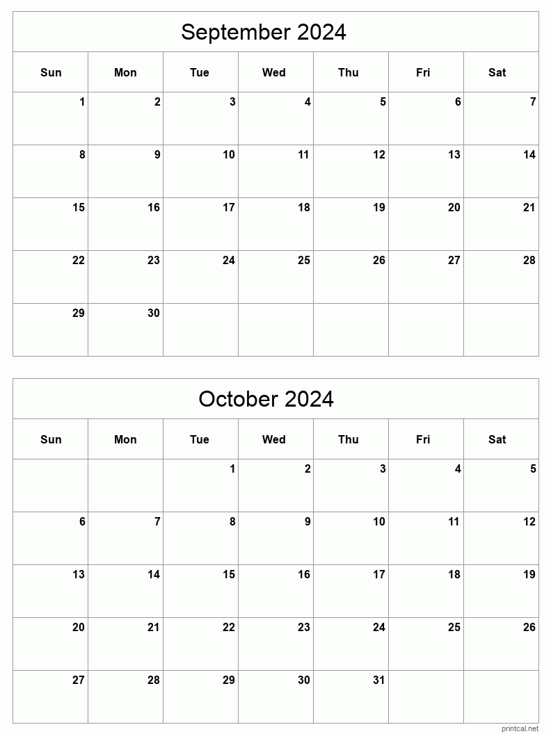 September To October 2024 Printable Calendar Two Months Per Page