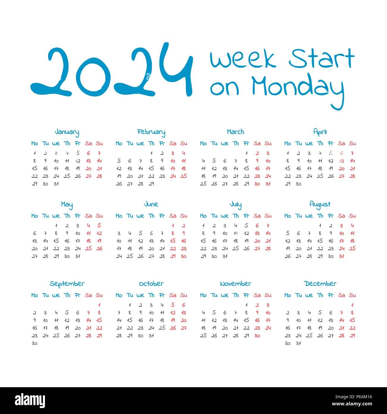 Simple 2024 Year Calendar Week Starts On Monday Stock Vector Image - Free Printable 2024 Monthly Calendar Monday Start