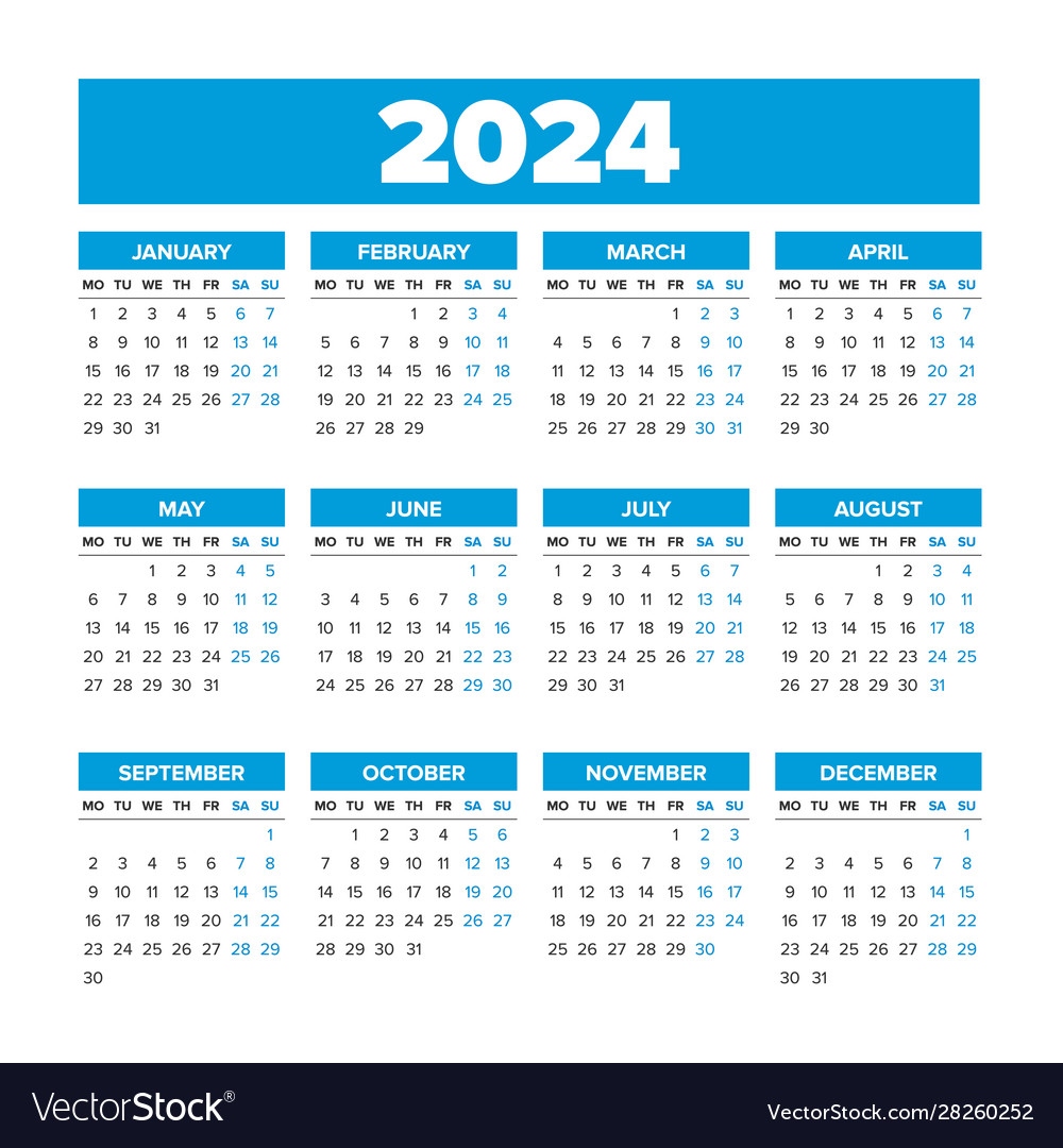 Simple Calendar 2024 Weeks Start On Monday Vector Image Calendar 2024 - Free Printable 2024 Calendar Monday Start