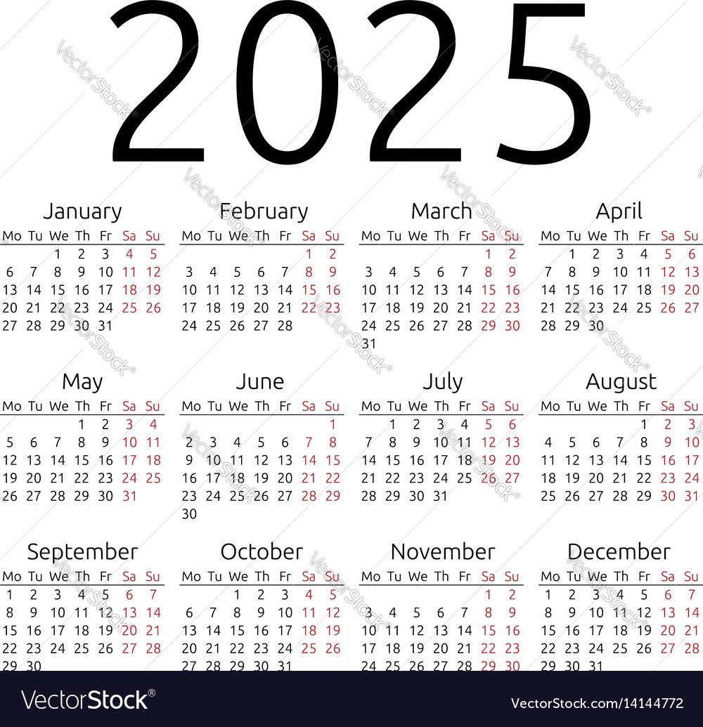 Simple Calendar 2025 Monday Royalty Free Vector Image - Free Printable 2024 And 2025 Monthly Calendar Monday Start Portrait