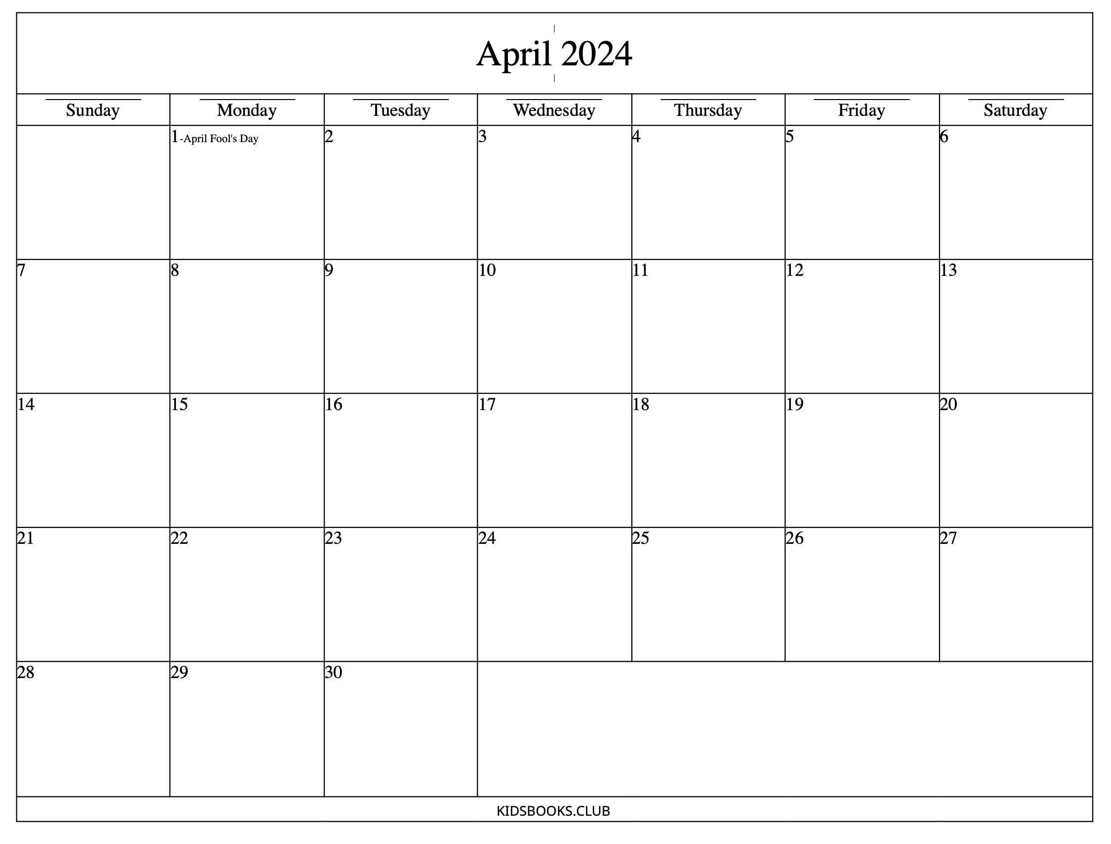 Simple Calendar April Only 2024, Minimalist, Basic, Printable Pdf intended for Free Printable April 2024 Calendar Large Boxes