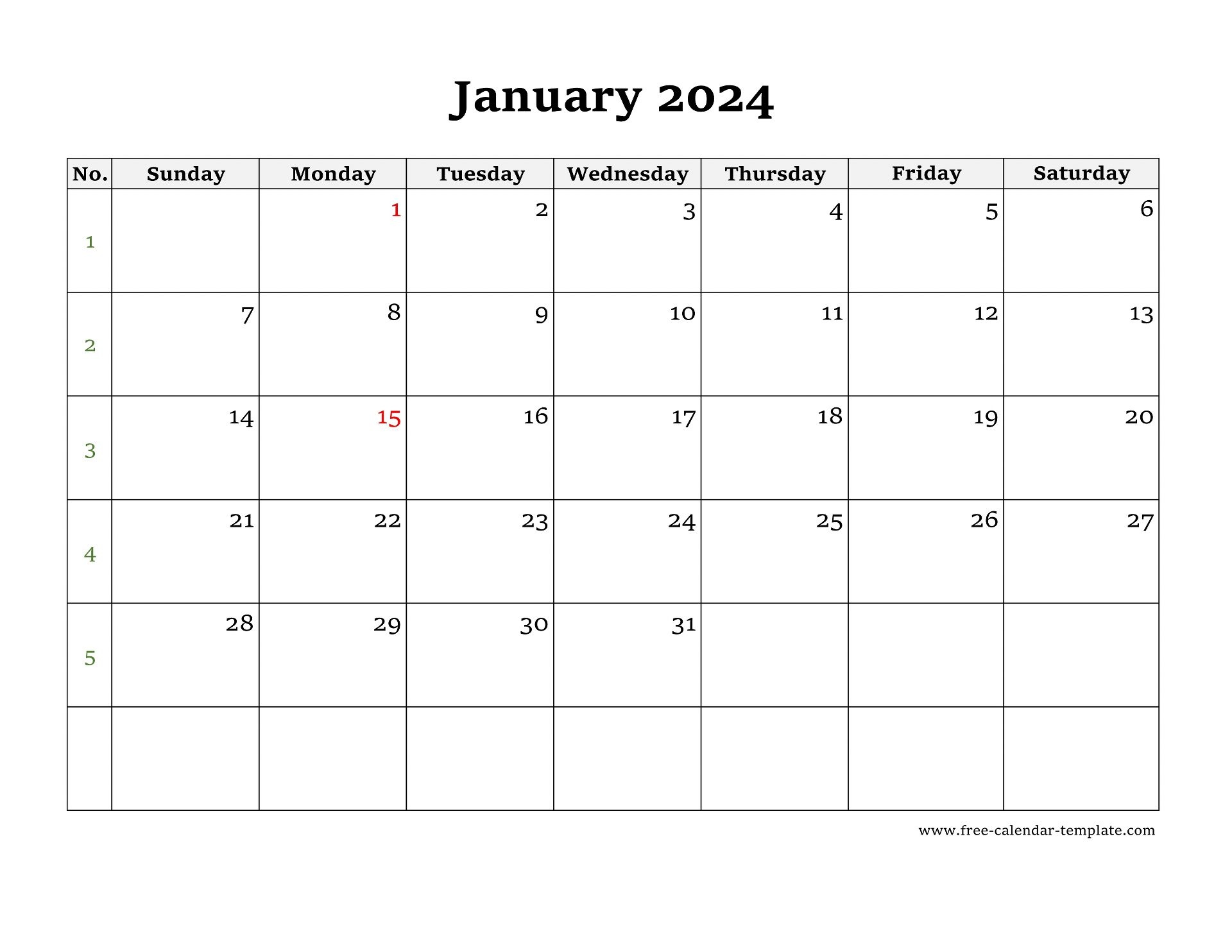 Simple Monthly Calendar 2024 Large Box On Each Day For Notes for Free Printable Calendar 2024 Big Boxes