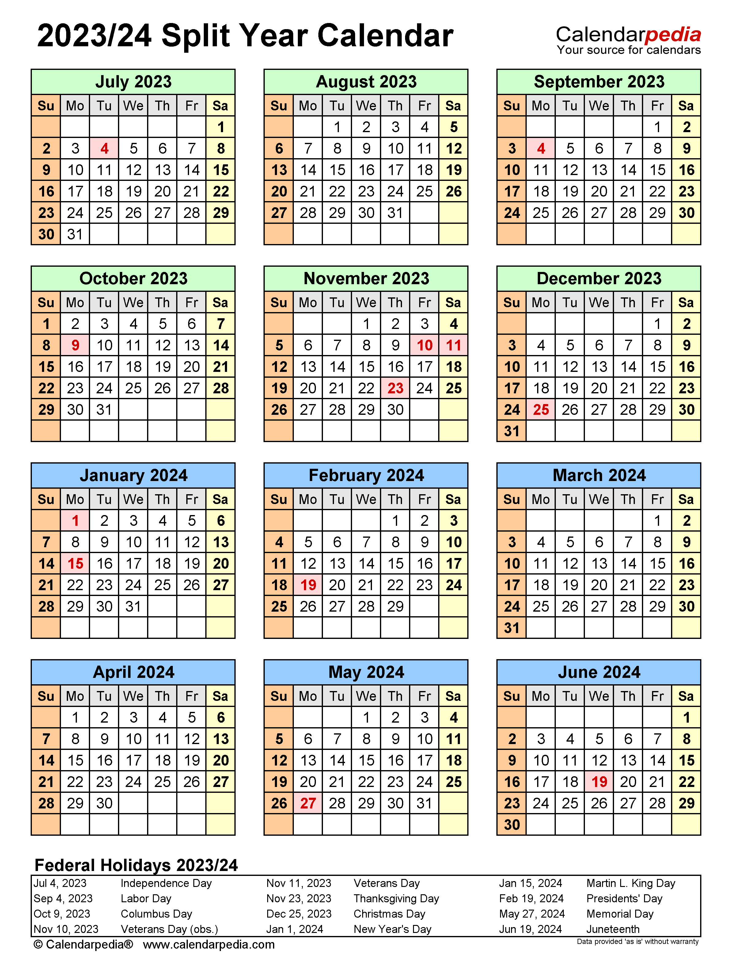 Split Year Calendars 2023 2024 July To June Excel Templates - Free Printable 2 Page June 2024 Weekly Calendar