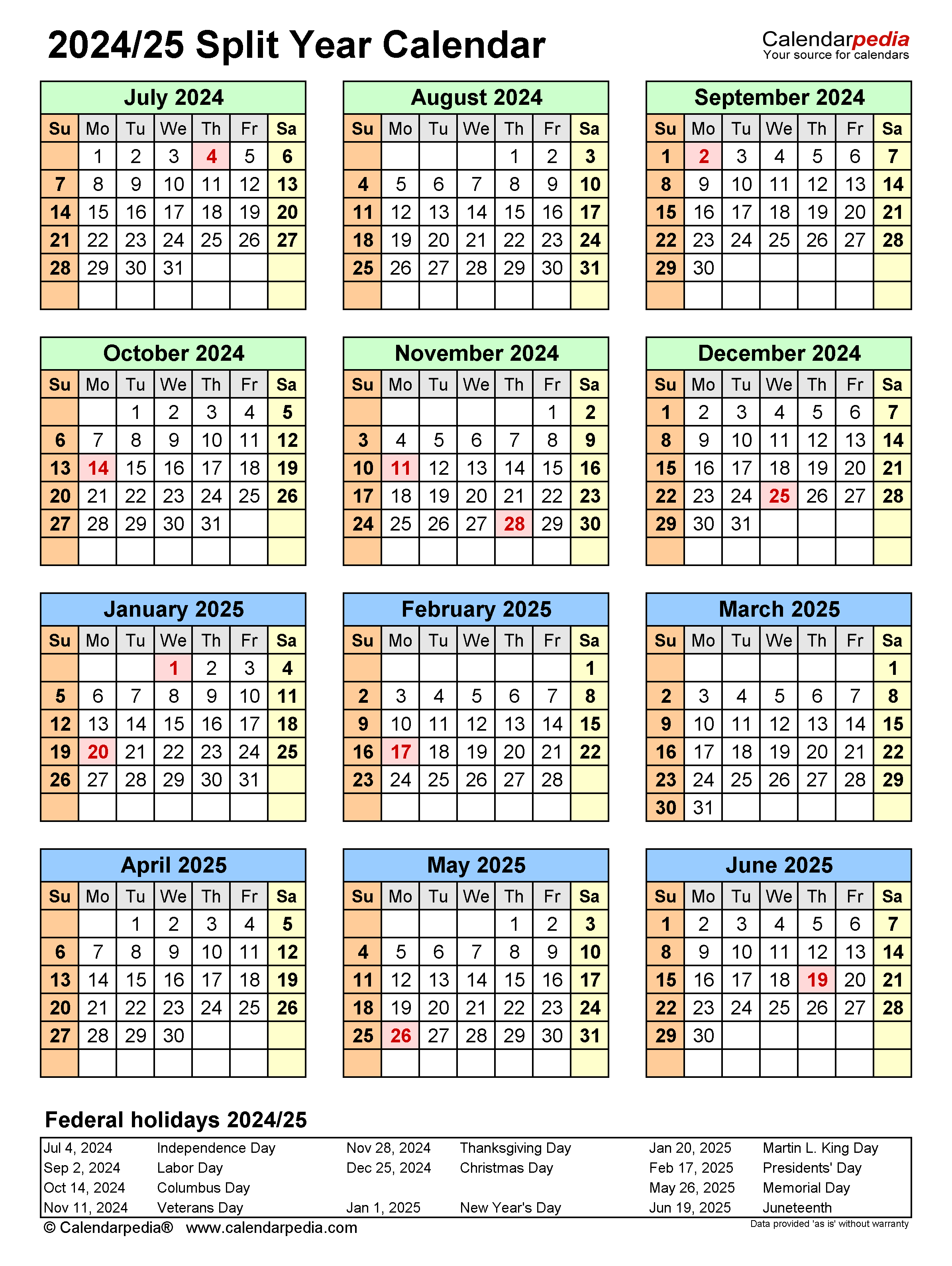 Split Year Calendars 2024/2025 (July To June) - Pdf Templates inside Free Printable Calendar August 2024-June 2025