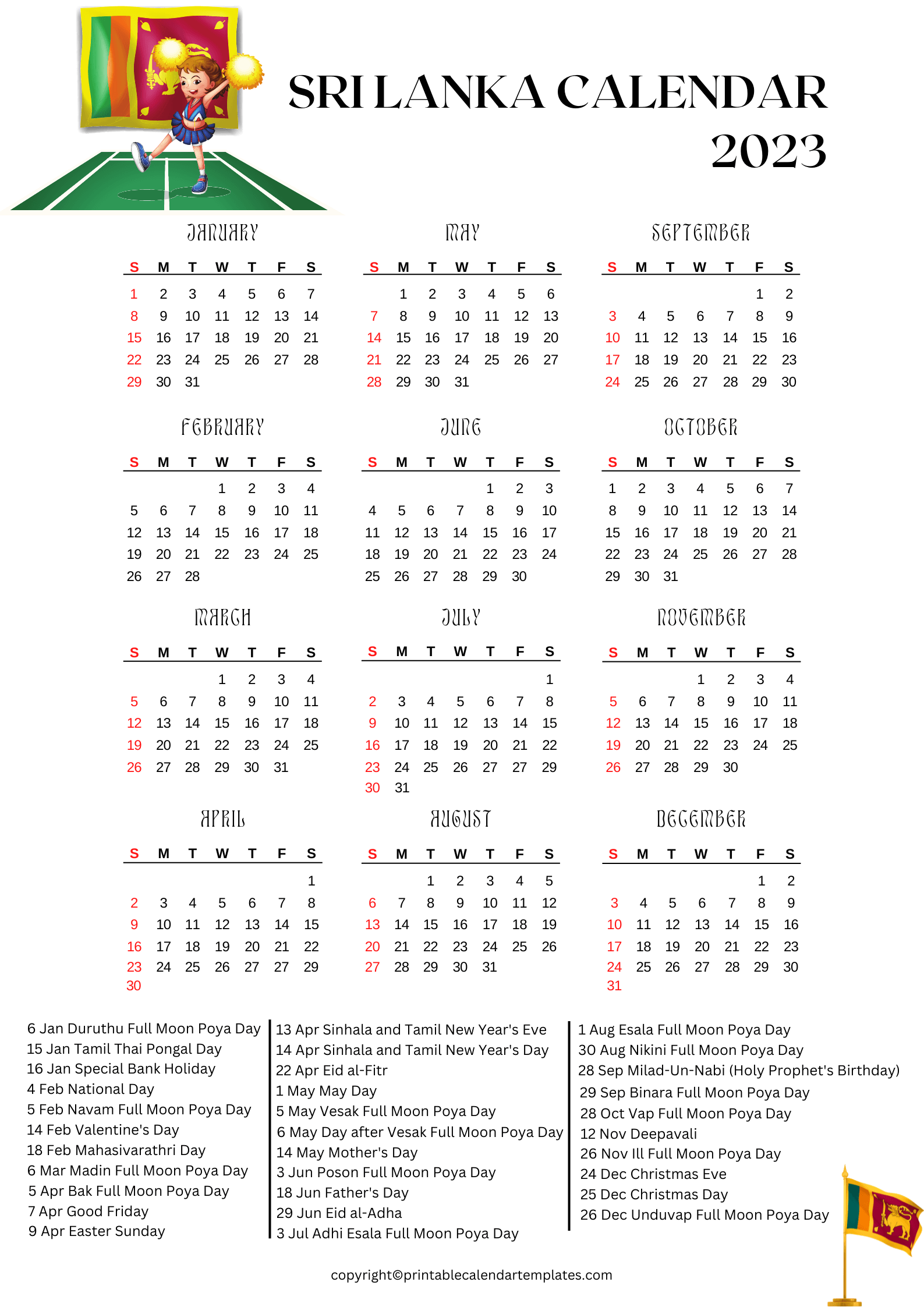 Sri Lanka Calendar 2023 With Holidays Free Printable PDF - Free Printable 2024 Calendar With Holidays In Sri Lanka