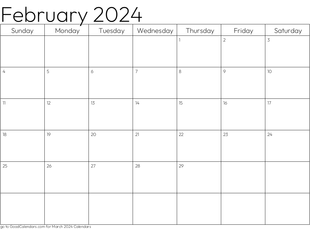 Standard February 2024 Calendar Template In Landscape - Free Printable 2024 Monthly Calendar Landscape