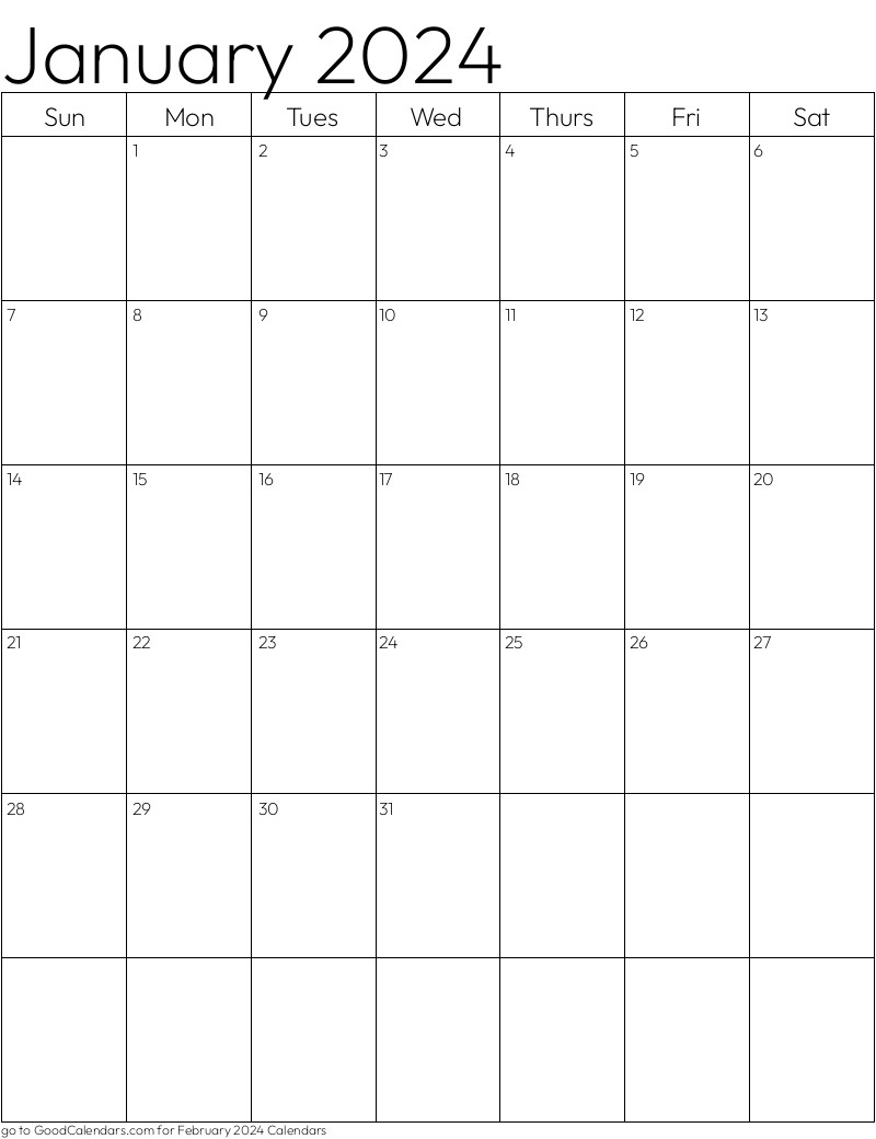 Standard January 2024 Calendar Template In Portrait - Free Printable 2024 Portrait Calendar With Holidays