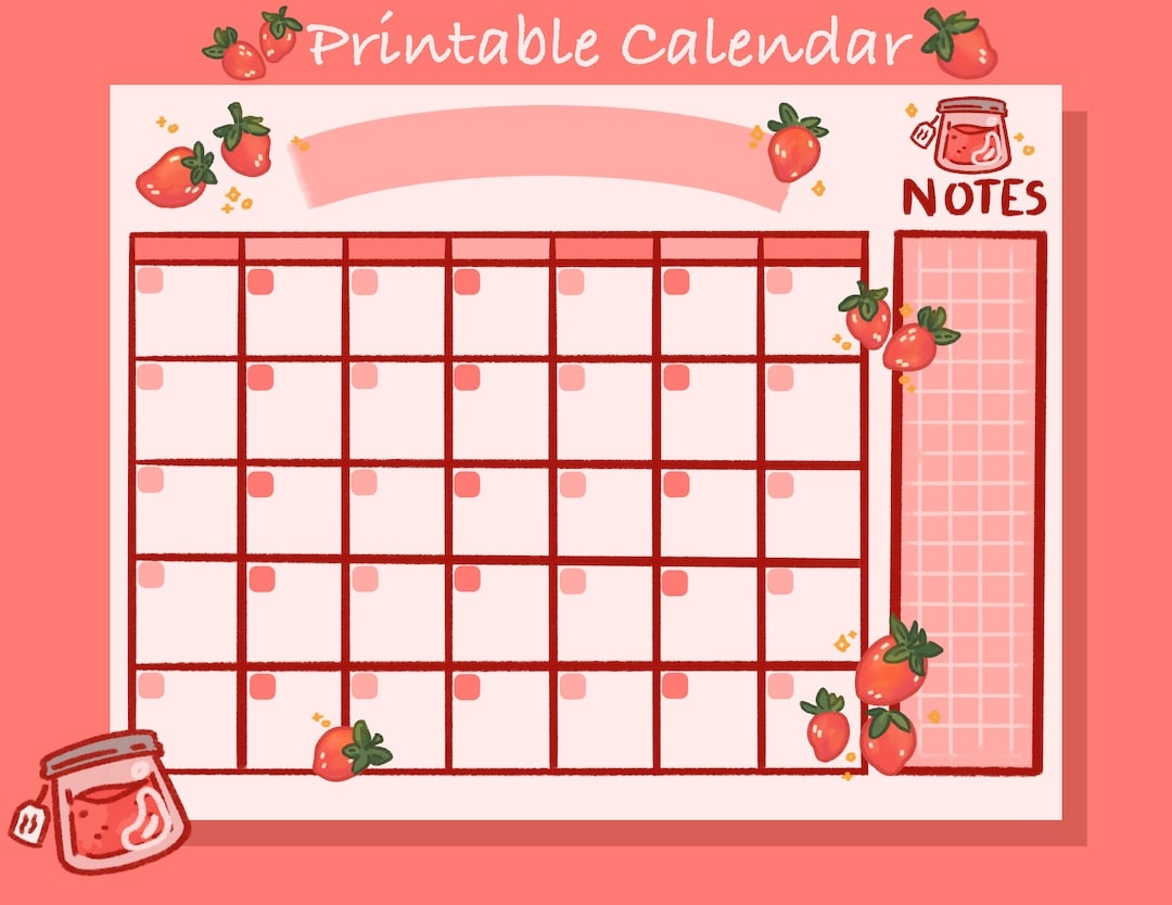 Summer Strawberry Calendar Printable, Monthly Planner, Printable within Free Printable Calendar August 2024 Waterproof