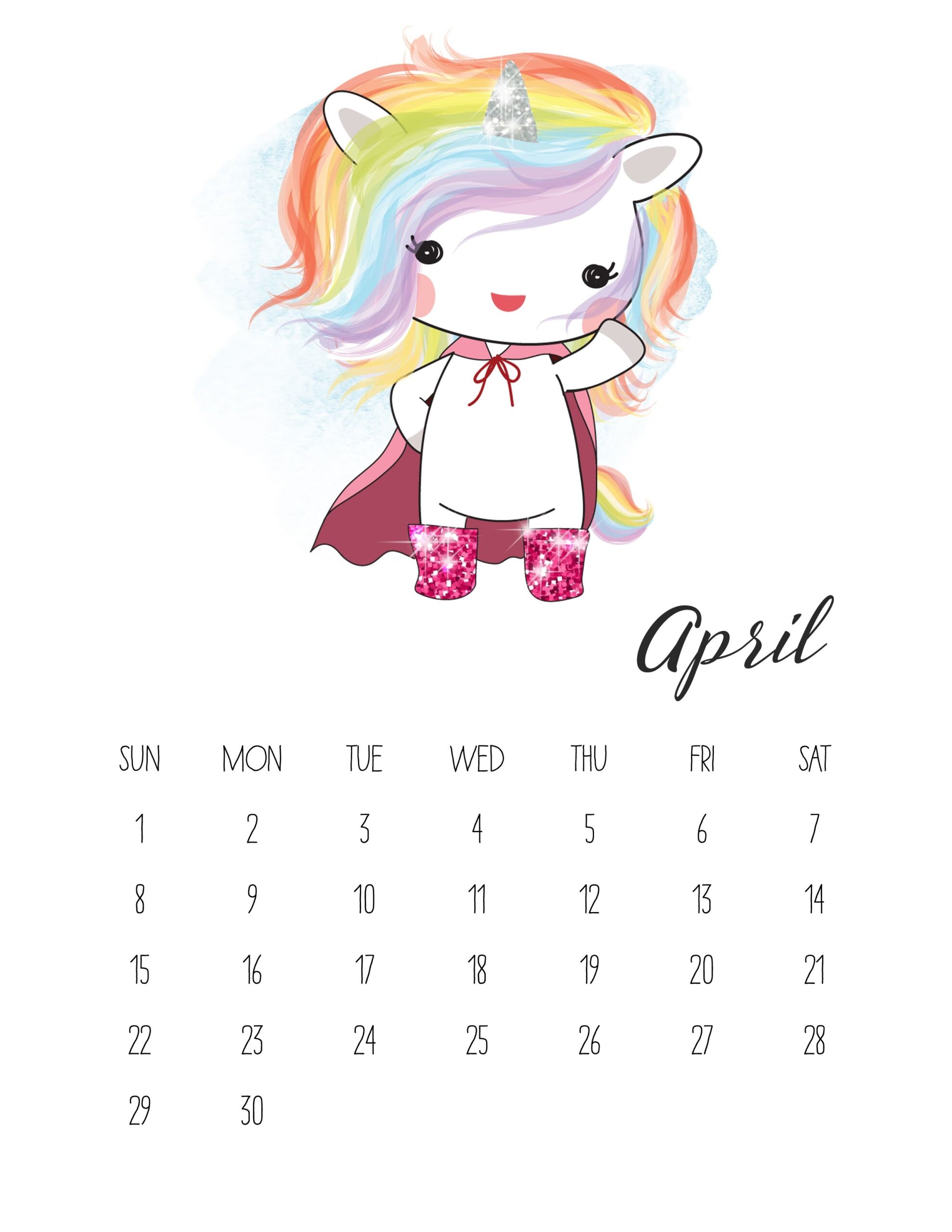 TCM Unicorn 04 April 85x11 jpg 2550 3300 Calendario Imprimir - Free Printable 2024 Kawaii Mermaid Calendar
