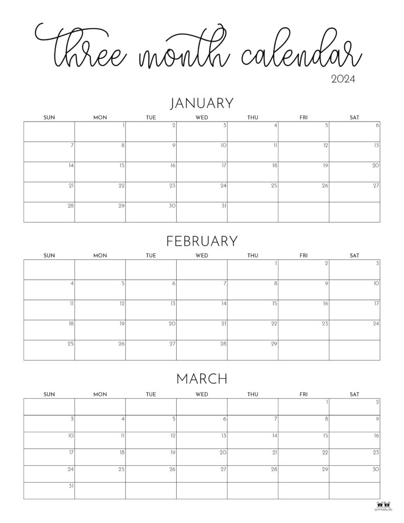 Three Month/Quarterly Calendars - 36 Free Calendars | Printabulls for Free Printable Calendar 2024 3 Months