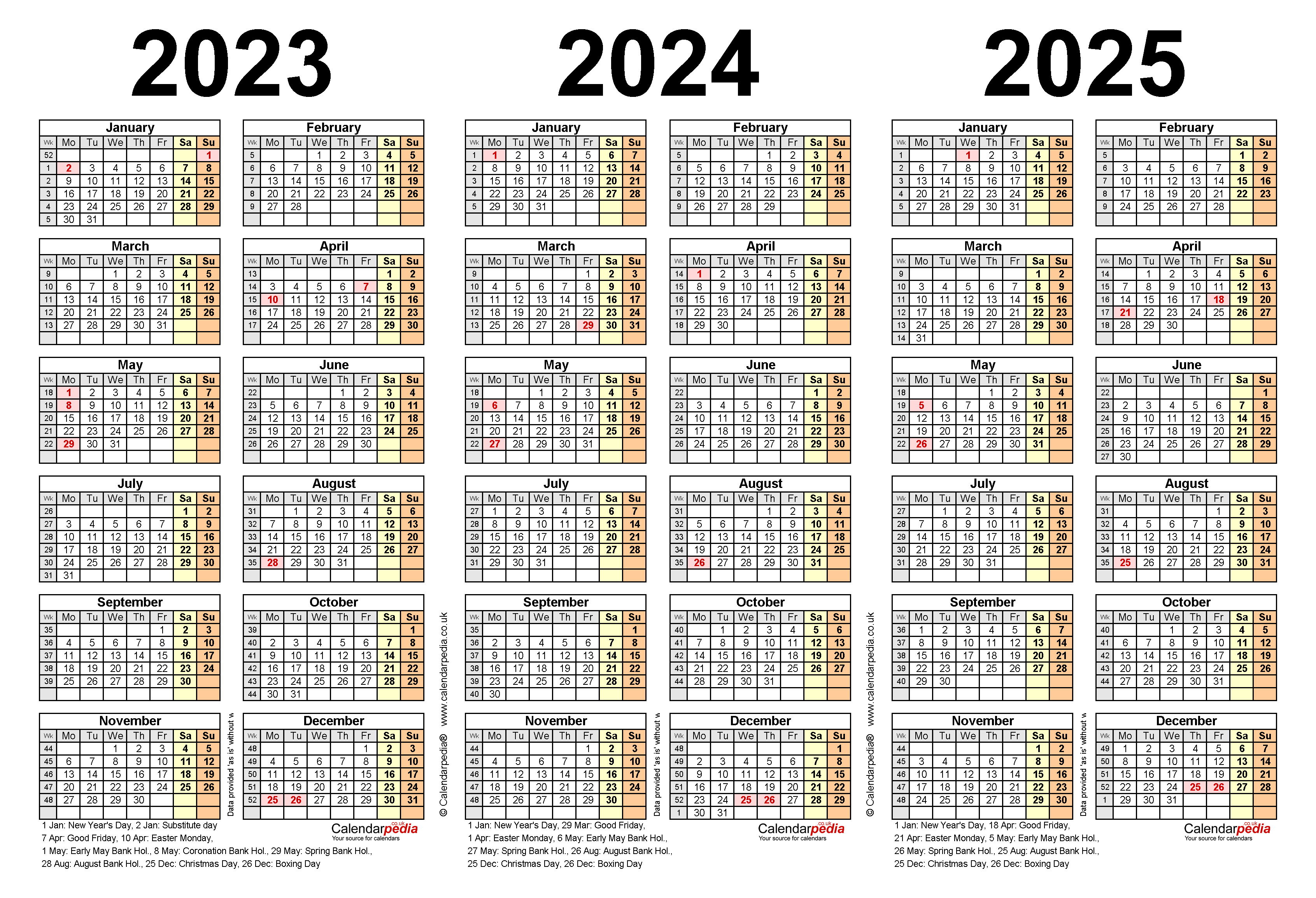 Three Year Calendars For 2023 2024 2025 UK For PDF | Free Printable 3 Year Calendar 2024 To 2025
