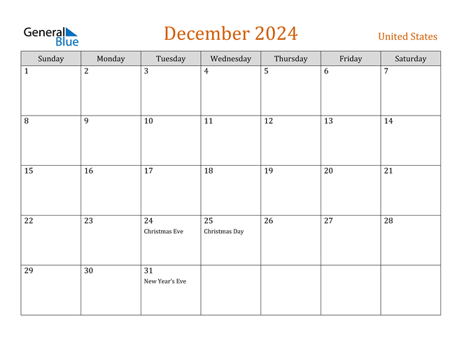 United States December 2024 Calendar With Holidays - Free Printable 2024 Monthly Calendar With Holidays December