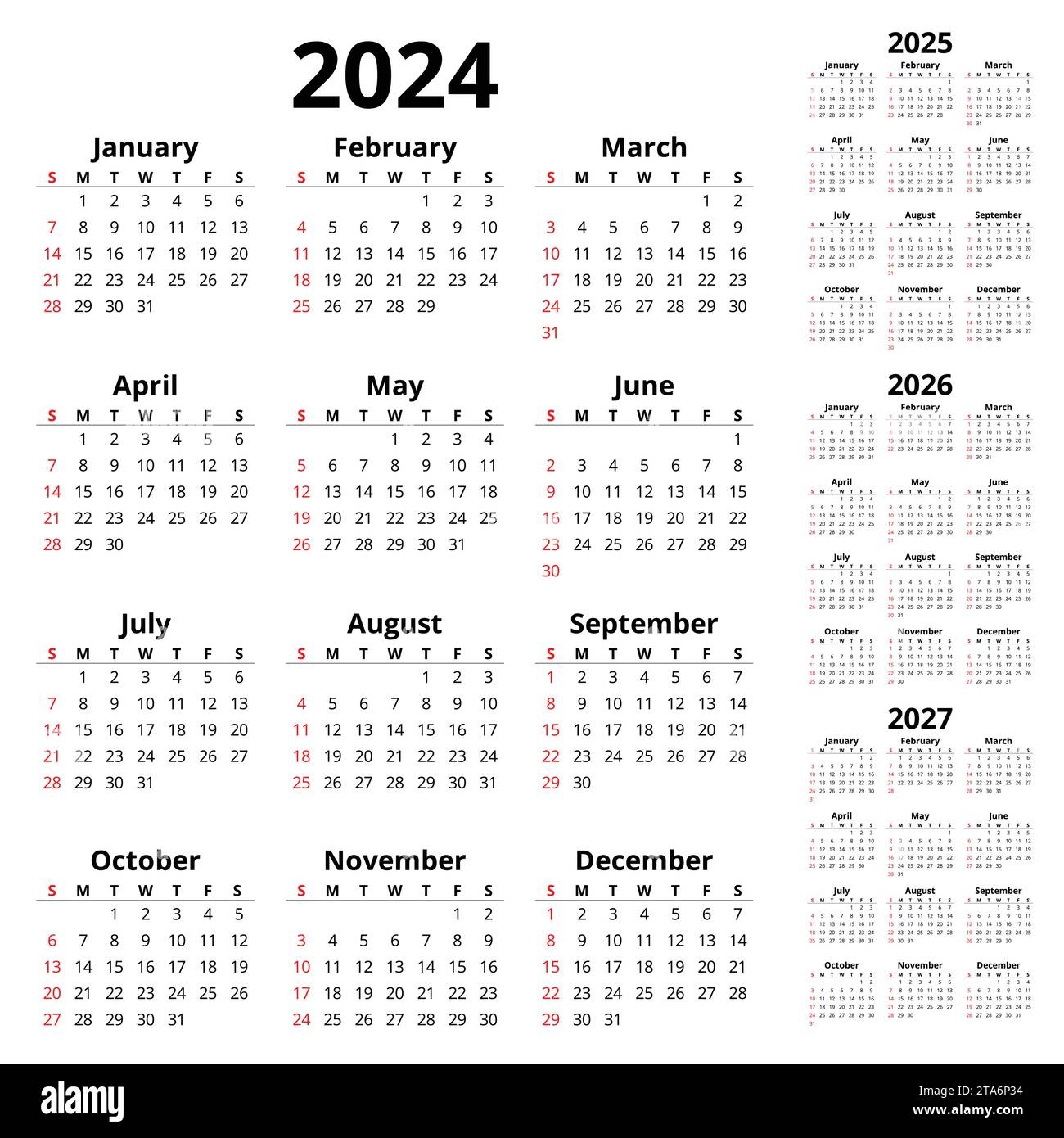 Vector 2024, 2025, 2026, 2027 Vertical English Calendars. Simple inside Free Printable Calendar 2024-2025