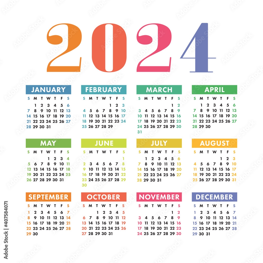 Vektorov Grafika Calendar 2024 English Colorful Vector Square Wall - Free Printable 2024 Calendar Vector With Holidays