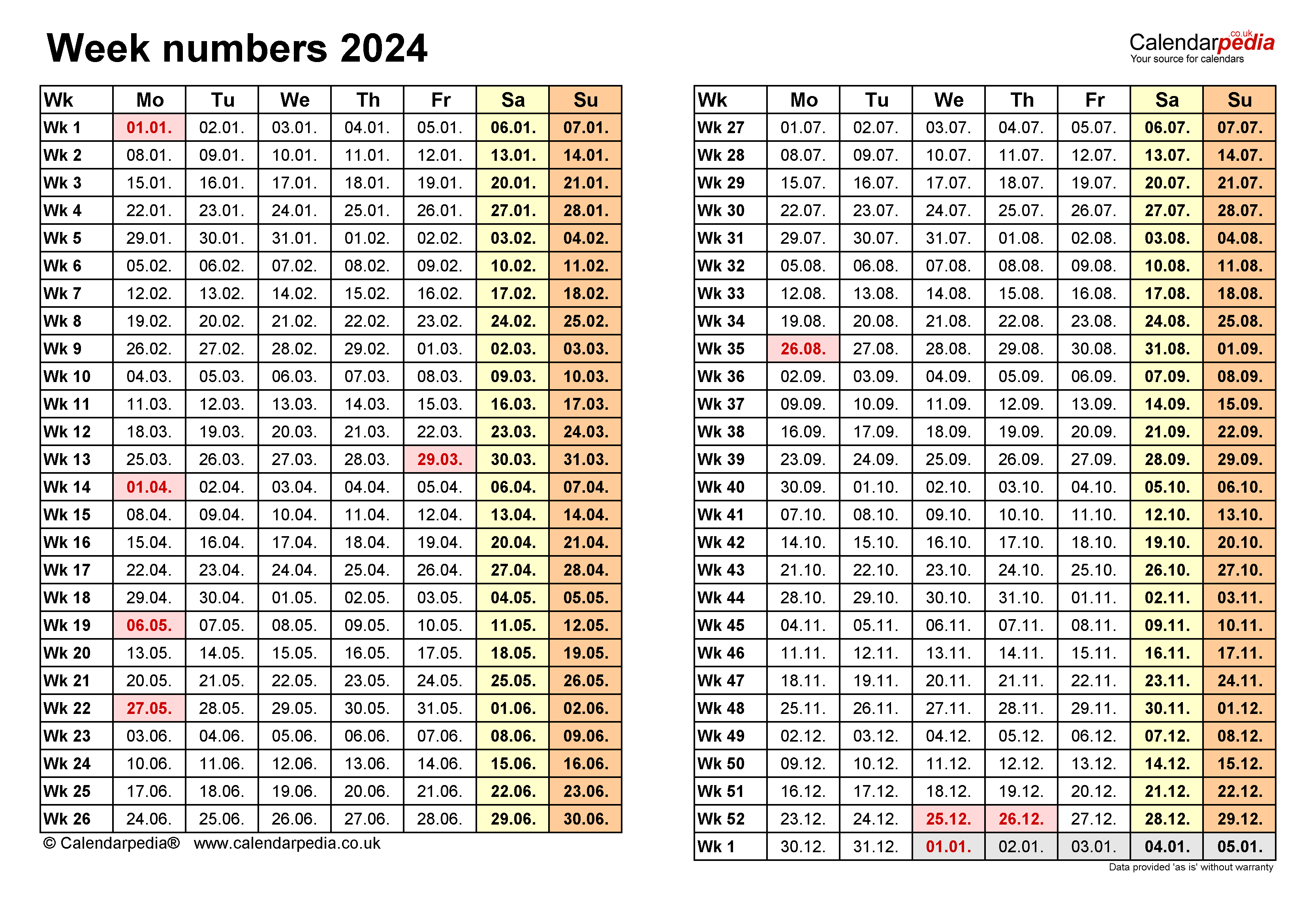Week Numbers 2024 With Excel Word And PDF Templates | Free Printable 2024 Calendar With Holidays And Week Numbers