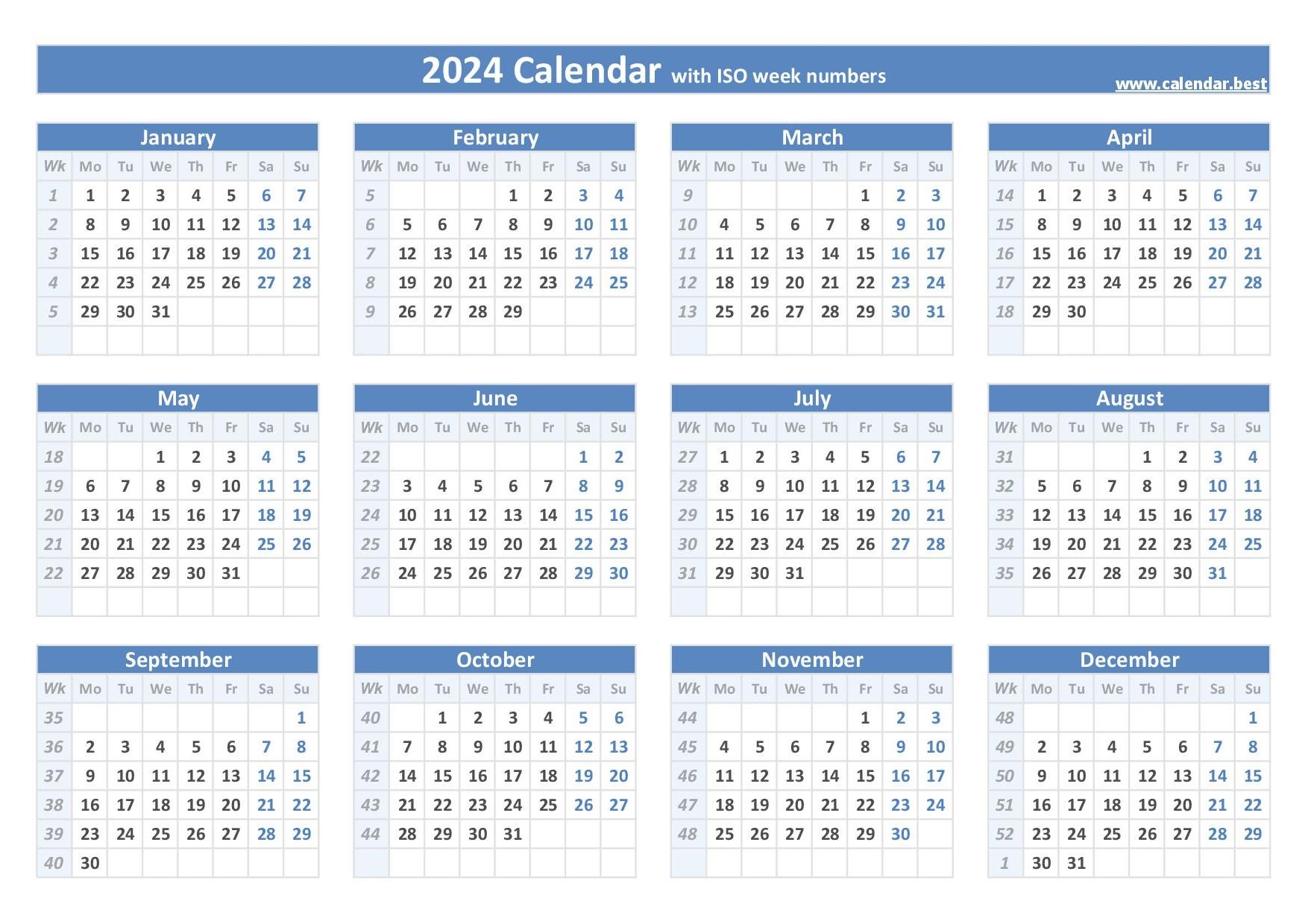 Week Numbers For 2024 : List And Calendar -Calendar.best pertaining to Free Printable Calendar 2024 Uk With Week Numbers