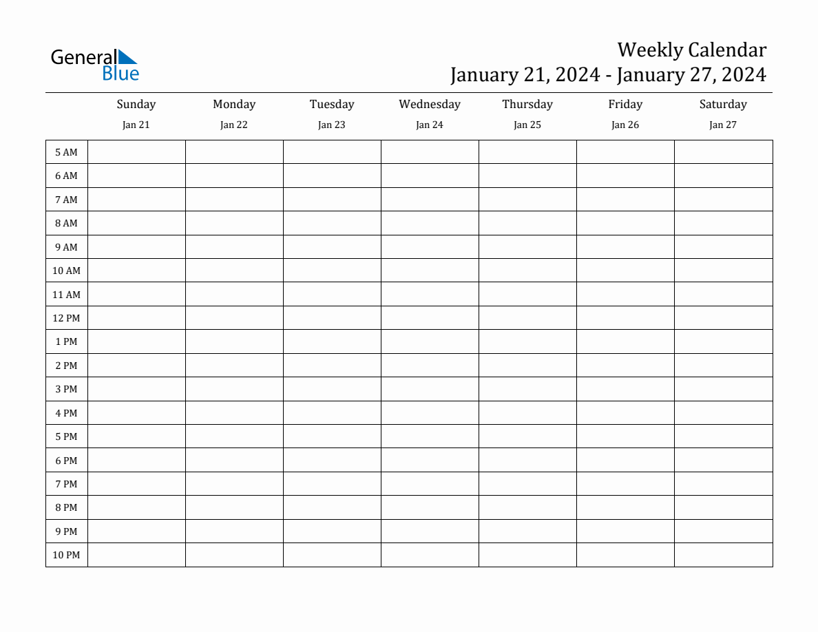 Weekly Calendar With Time Slots - Week Of January 21, 2024 intended for Free Printable Calendar 2024 With Time Slots