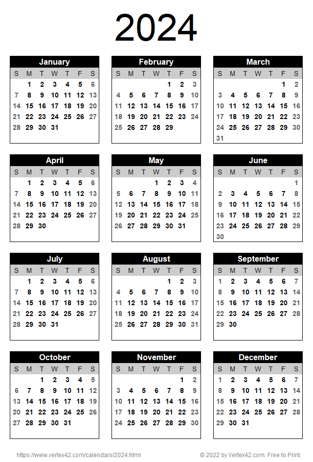 Whole Year Calendar 2024 Gena Pegeen - Free Printable 2024 Calendar With Holiday One Page Portrait