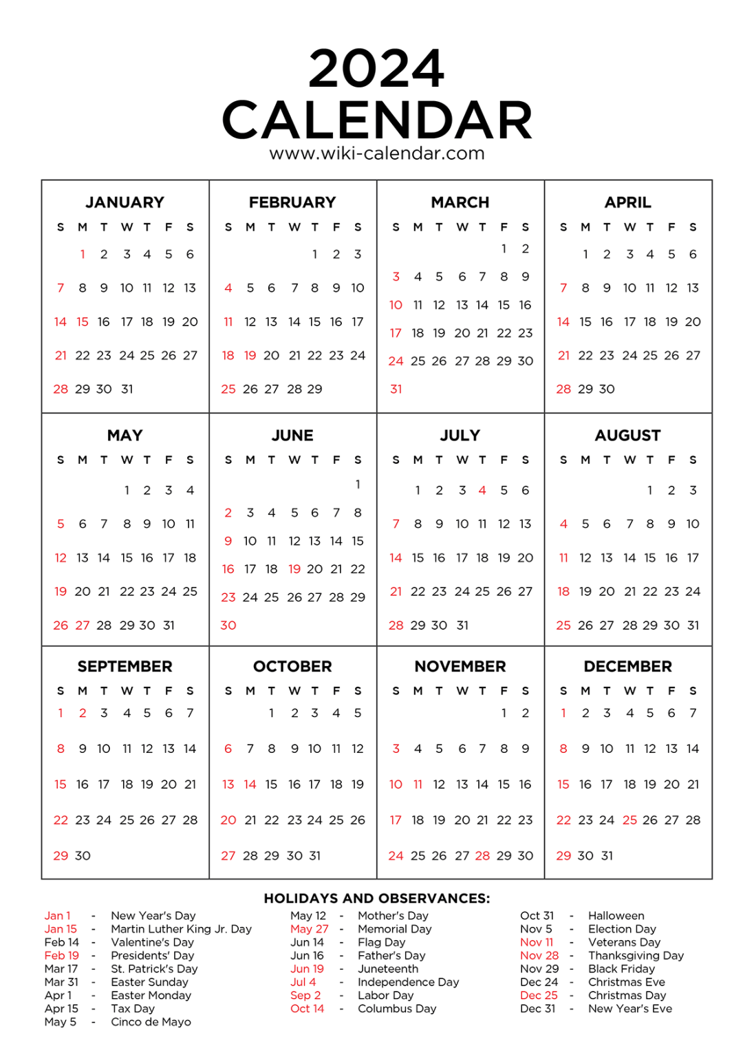 Year 2024 Calendar Printable With Holidays Wiki Calendar - Free Printable 2024 Calendar With Holidays And Notes