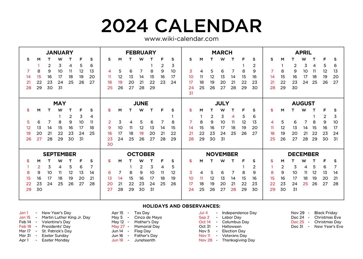 Year 2024 Calendar Printable With Holidays - Wiki Calendar for Free Printable Calendar 2024 With Us Holidays