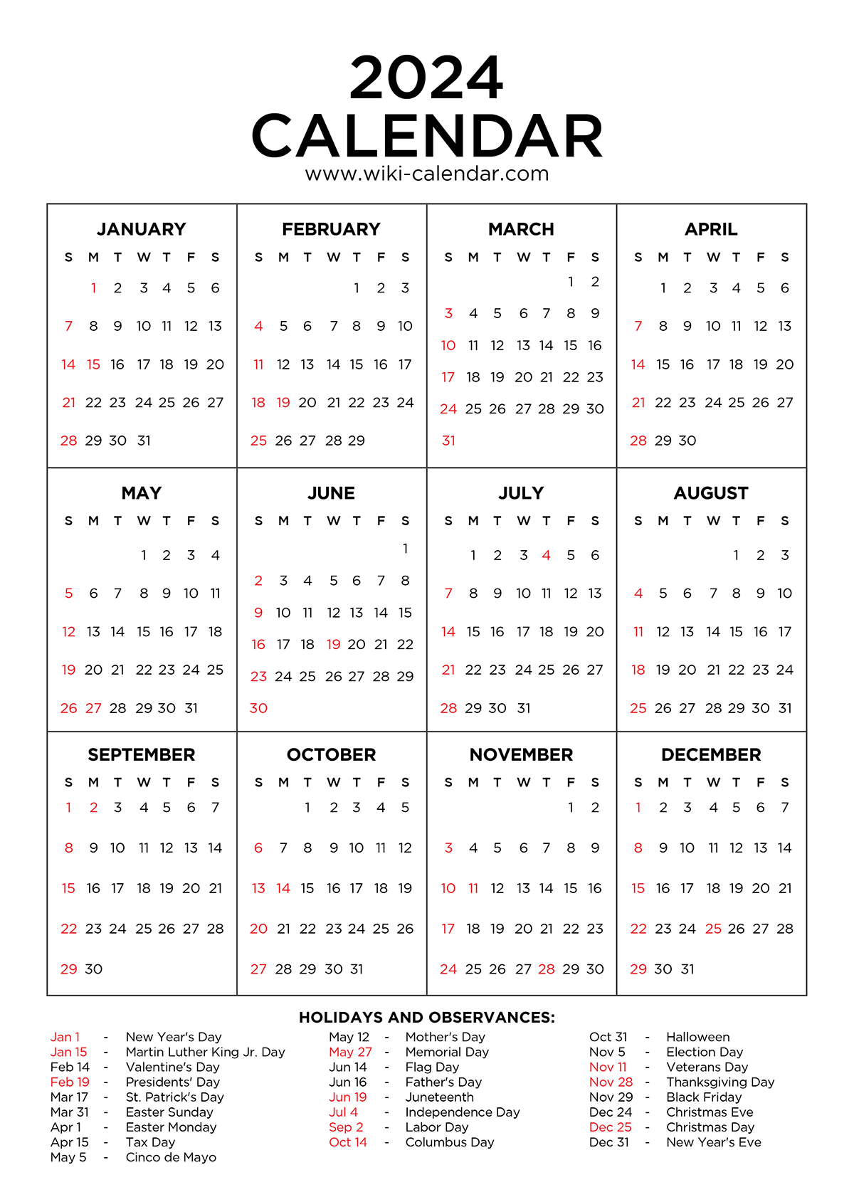 Year 2024 Calendar Printable With Holidays - Wiki Calendar intended for Free Printable Blank Year Calendar Template 2024