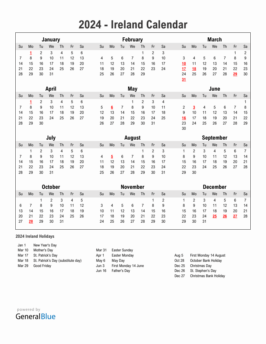 Year 2024 Simple Calendar With Holidays In Ireland intended for Free Printable Calendar 2024 Ireland