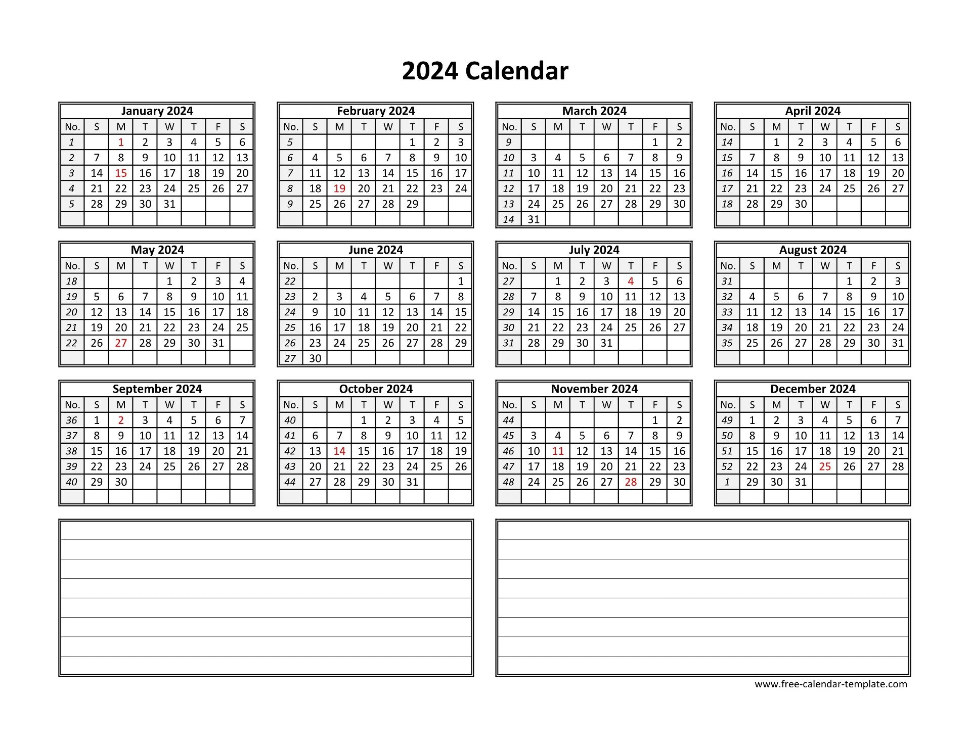Yearly 2024 Calendar Printable With Space For Notes | Free inside Free Printable Calendar 2024 With Room For Notes