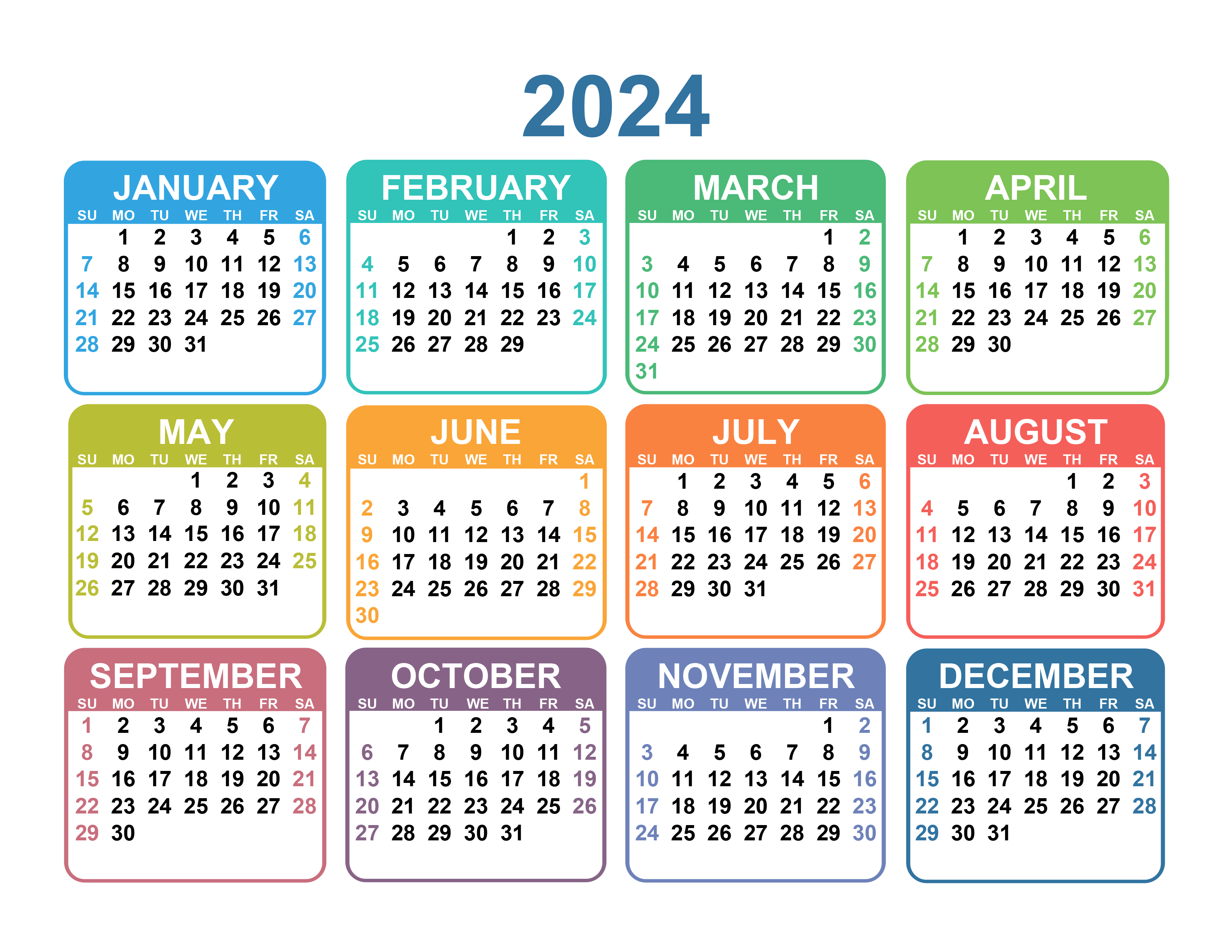 Yearly Calendar 2024 Free calendar su - Free Printable 2024 Calenders