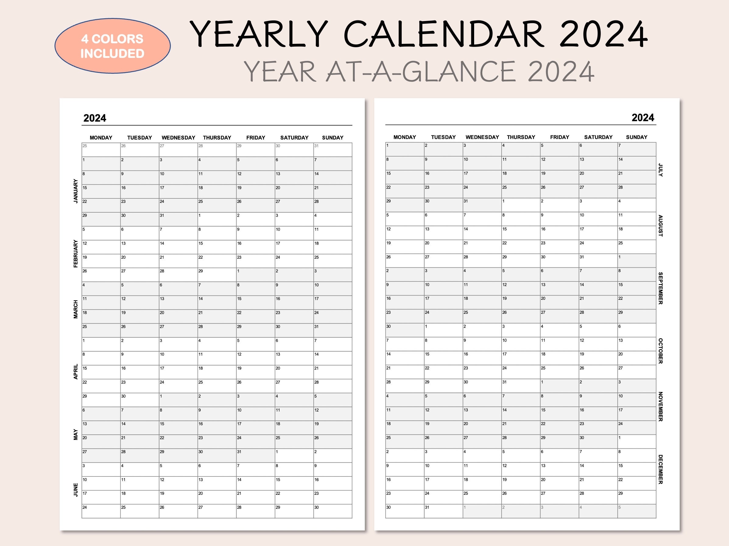 Yearly Calendar 2024, Printable Calendar 2024, Year At A Glance with Free Printable Calendar 2024 Ireland