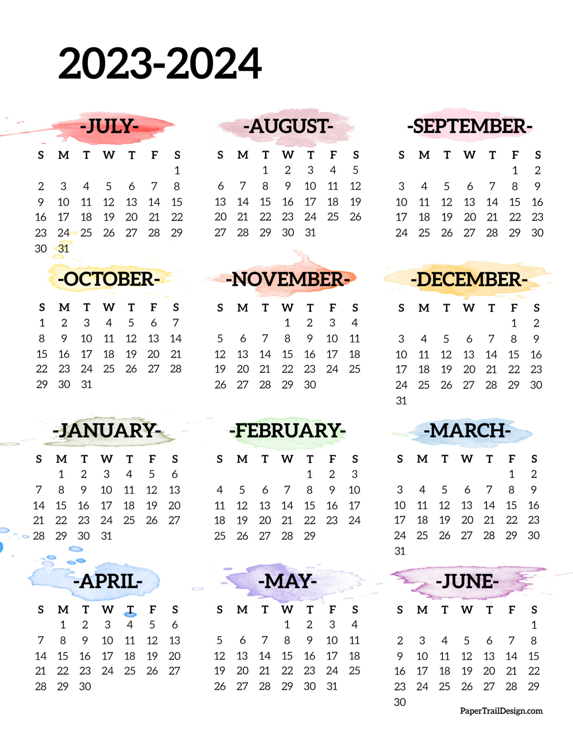 2023-2024 School Year Calendar Free Printable - Paper Trail Design with Calendar August 2023 - July 2024