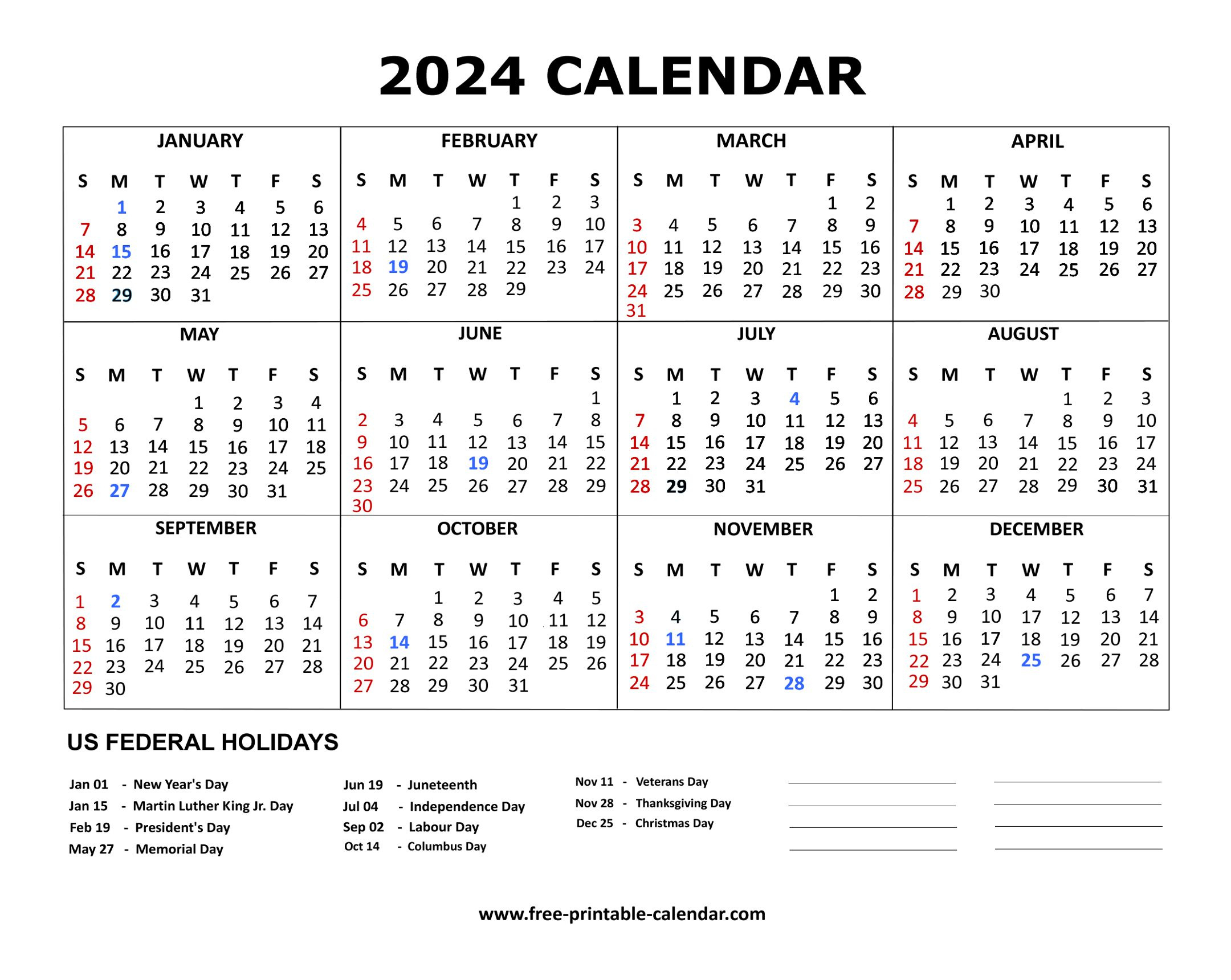 2024 Calendar in Free Printable Calendar 2024 With Federal Holidays