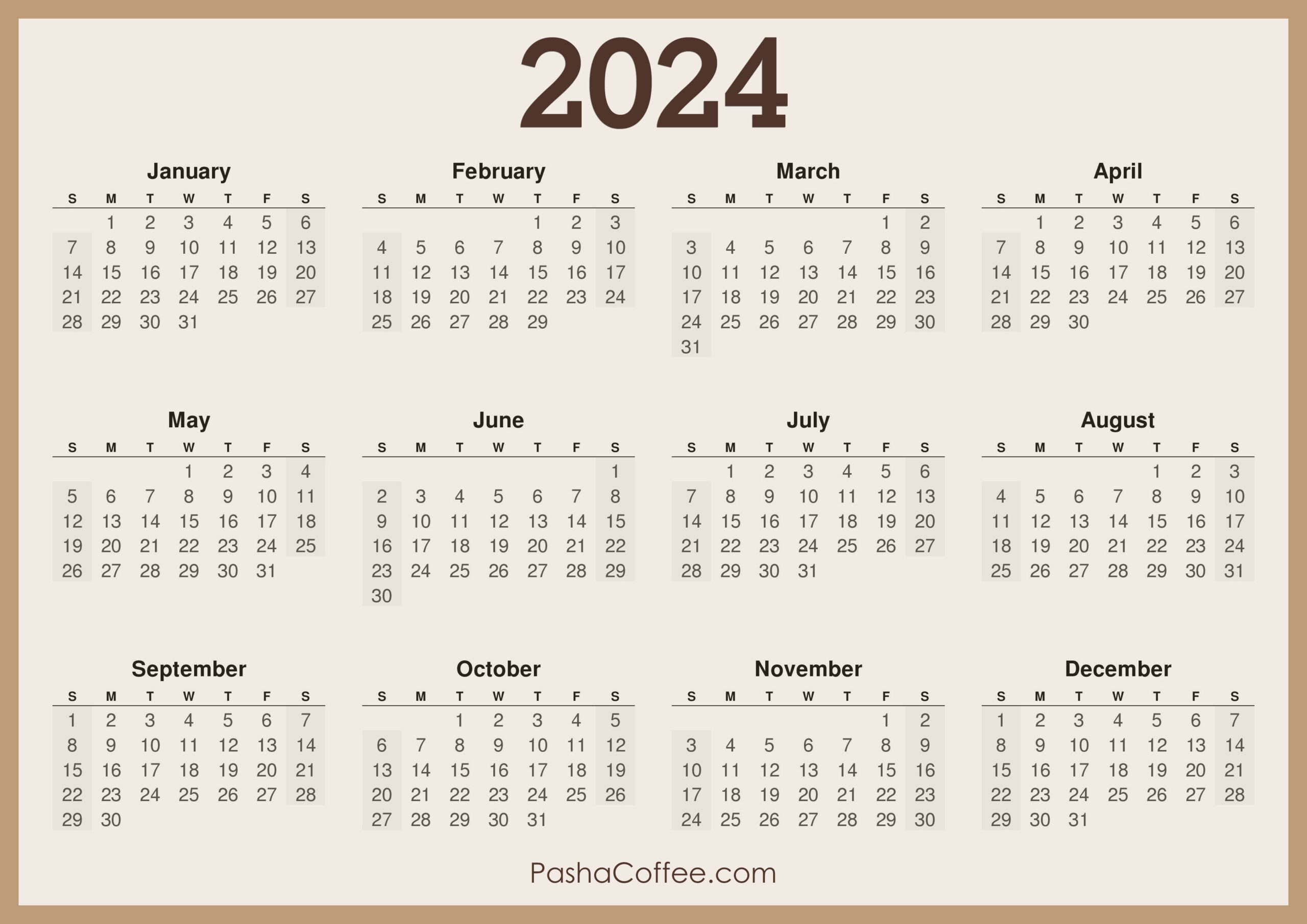 2024 Calendar Printable Free, Horizontal, Beige – Pashacoffee throughout Free Printable Calendar 2024 Hd