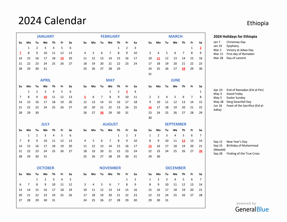 2024 Calendar With Holidays For Ethiopia with July 3 2024 in Ethiopian Calendar