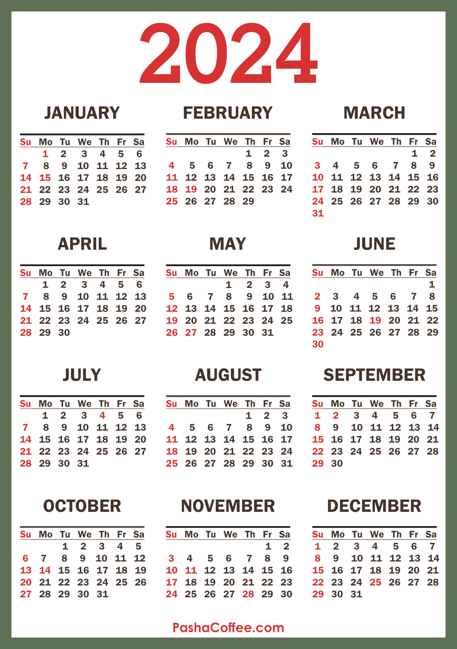 2024 Calendar With Holidays, Printable Free, Vertical, Green inside Free Printable Calendar 2024 With Holidays Free Download