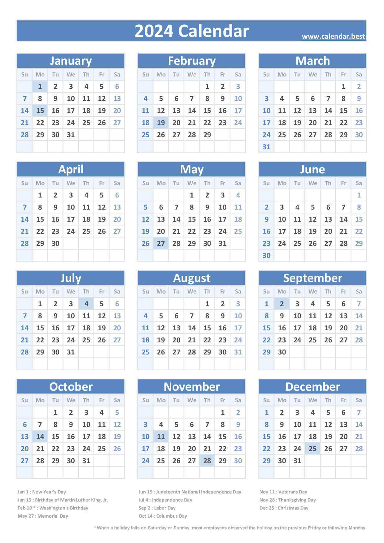 2024 Calendar With Holidays (Us Federal Holidays) in Free Printable Calendar 2024 With Federal Holidays