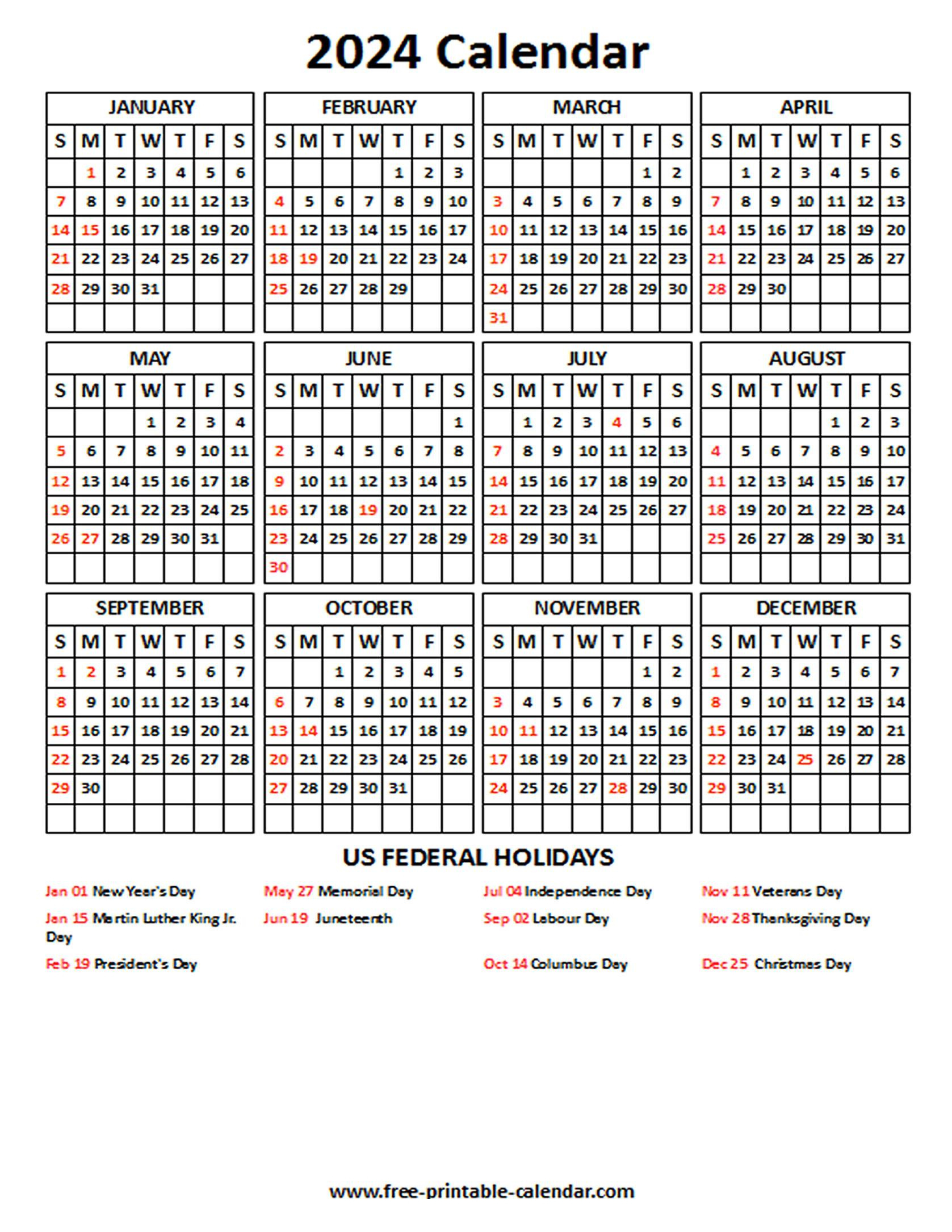 2024 Calendar With Us Holidays - Free-Printable-Calendar intended for Free Printable Calendar 2024 With Federal Holidays