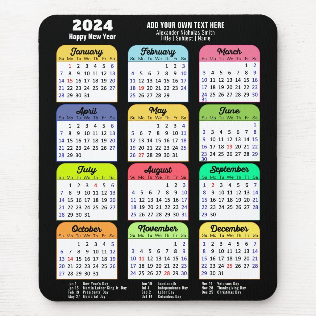 2024 Calendar With Us Public Holidays Modern Black Mouse Pad intended for Calendar Emoji July 8 2024
