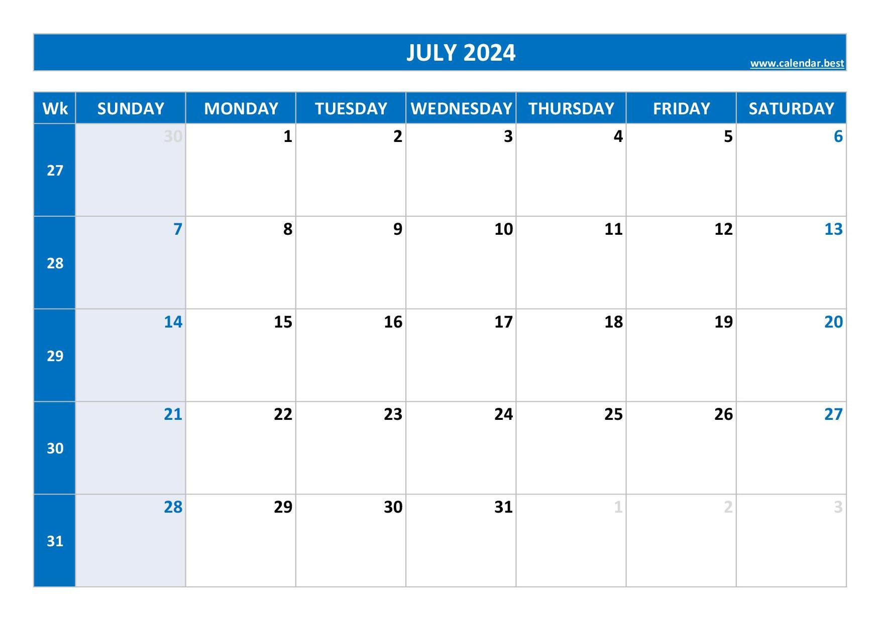 2024 Calendar With Week Numbers (Us And Iso Week Numbers) within Weekly July 2024 Calendar