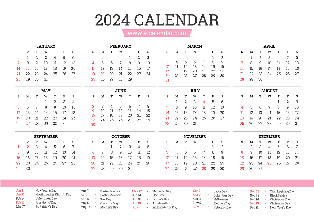 2024 Calendar: Yearly Printable Calendar With Holidays for Free Printable Calendar 2024 Add Clipart