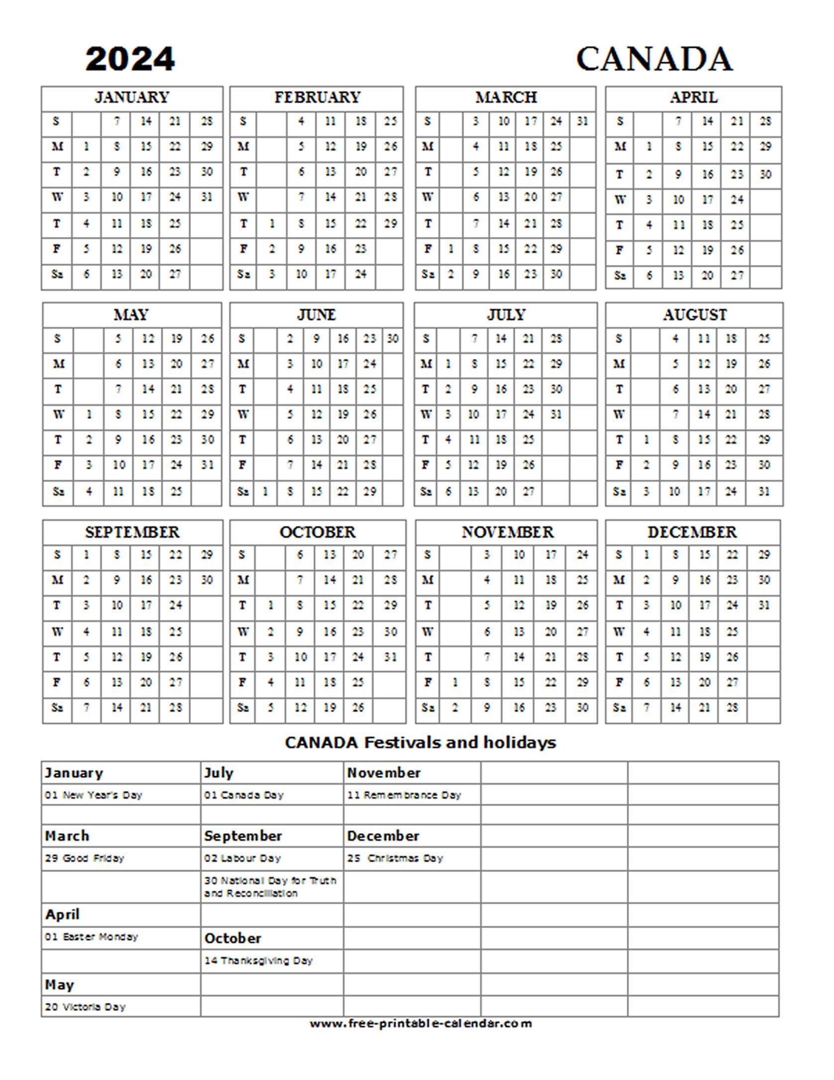 2024 Canada Holiday Calendar - Free-Printable-Calendar in Free Printable Calendar 2024 Canada