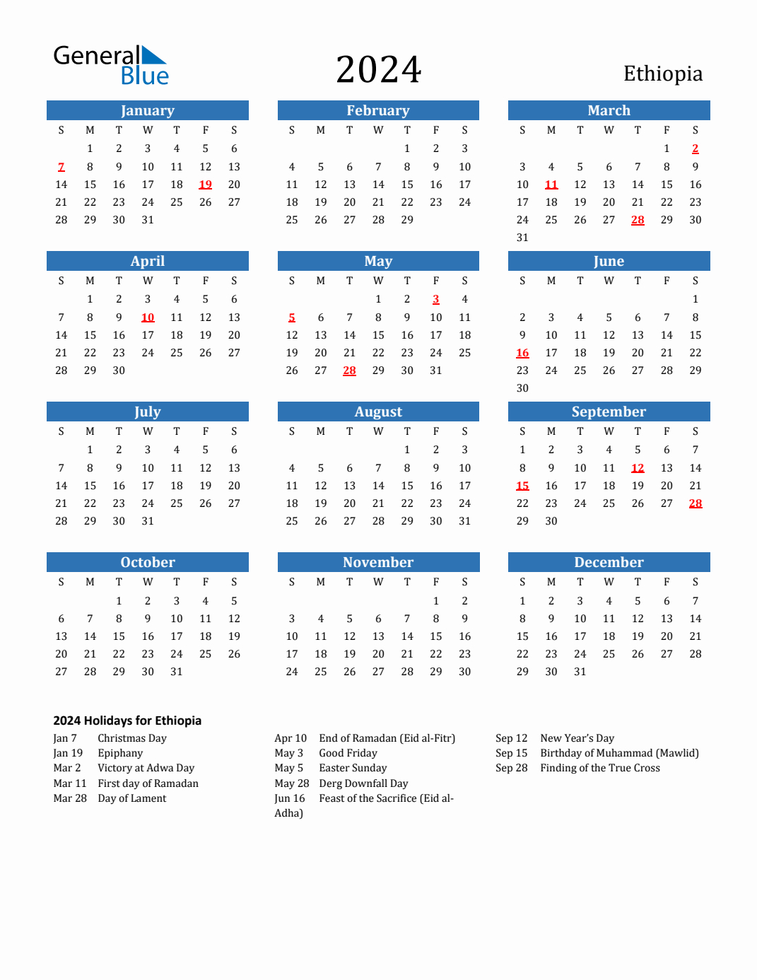 2024 Ethiopia Calendar With Holidays in July in Ethiopian Calendar 2024