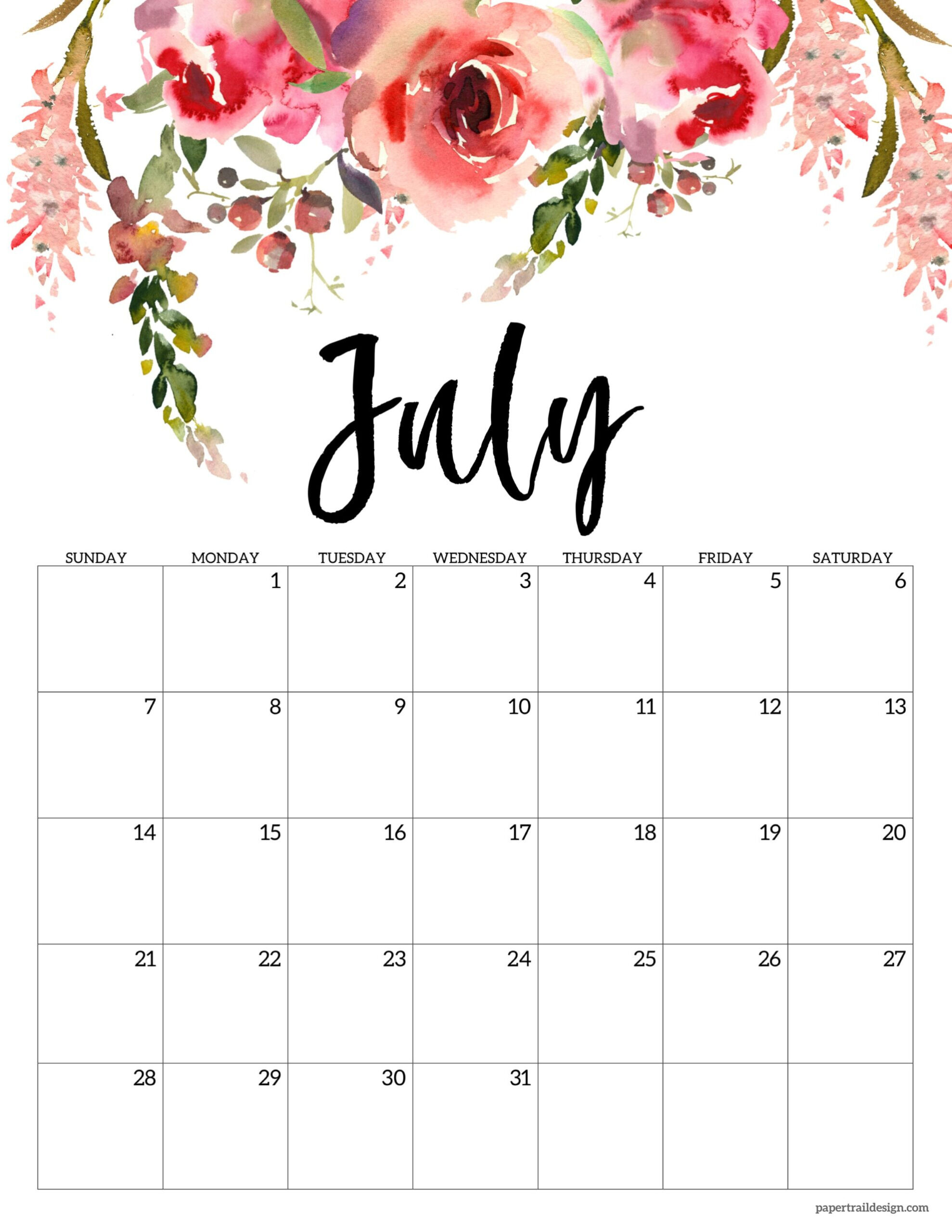 2024 Floral Calendar Printable - Paper Trail Design pertaining to Floral July 2024 Calendar