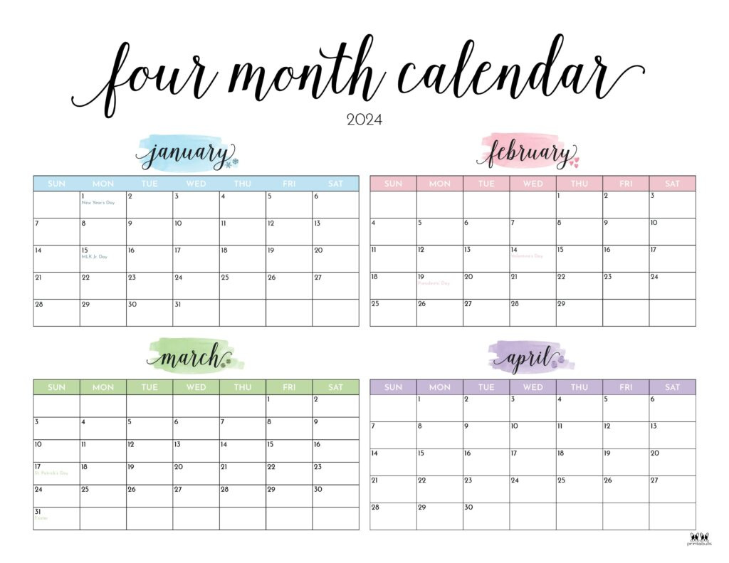 2024 Four Month Calendars - 18 Free Printables | Printabulls within Free Printable Calendar 2024 4 Months Per Page