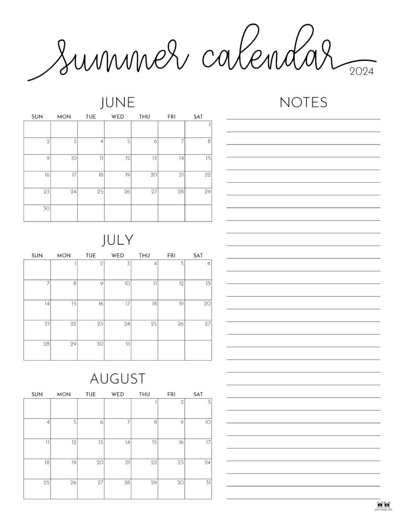 2024 Summer Calendars - 18 Free Printables | Printabulls in June July August 2024 Calendar Printable