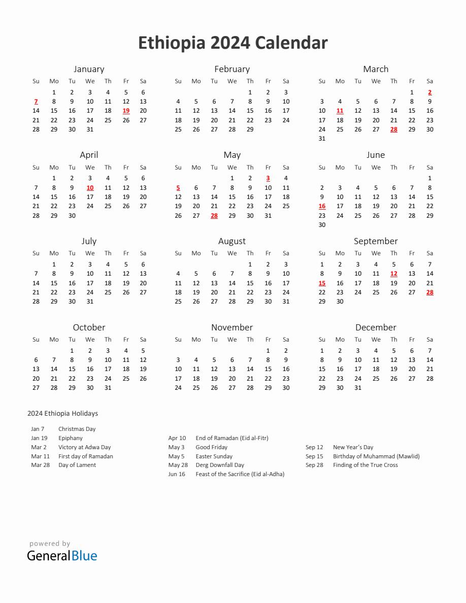 2024 Yearly Calendar Printable With Ethiopia Holidays inside July 12 2024 in Ethiopian Calendar
