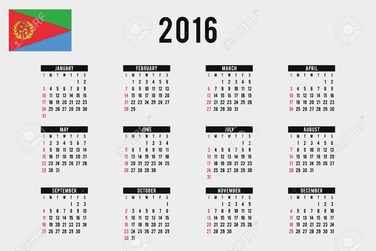 A 2016 Calendar With The Flag Of Eritrea Stock Photo, Picture And throughout July 26 2024 in Ethiopian Calendar