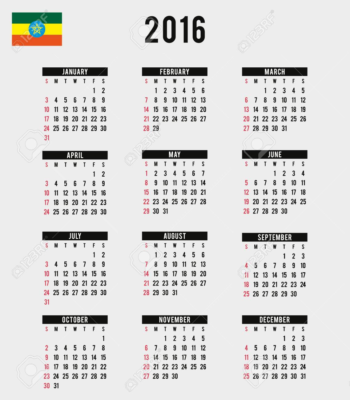 A 2016 Calendar With The Flag Of Ethiopia Stock Photo, Picture And within July 3 2024 in Ethiopian Calendar
