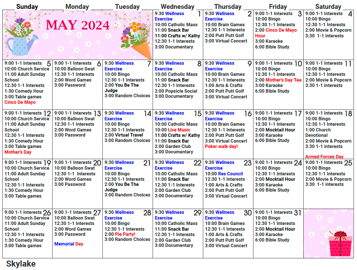 Activity Calendars &amp;amp; Special Events | Skylake Post Acute in July Nursing Home Activity Calendar 2024