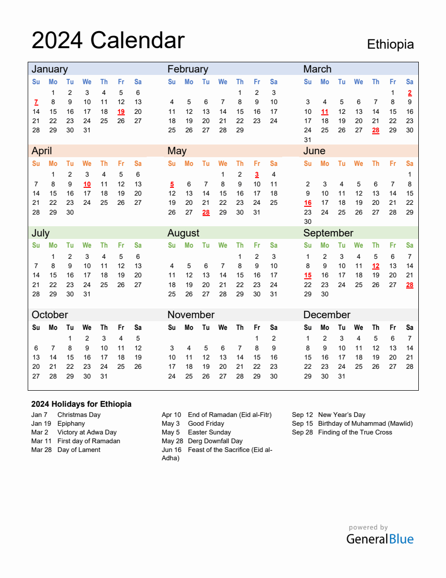 Annual Calendar 2024 With Ethiopia Holidays throughout July in Ethiopian Calendar 2024