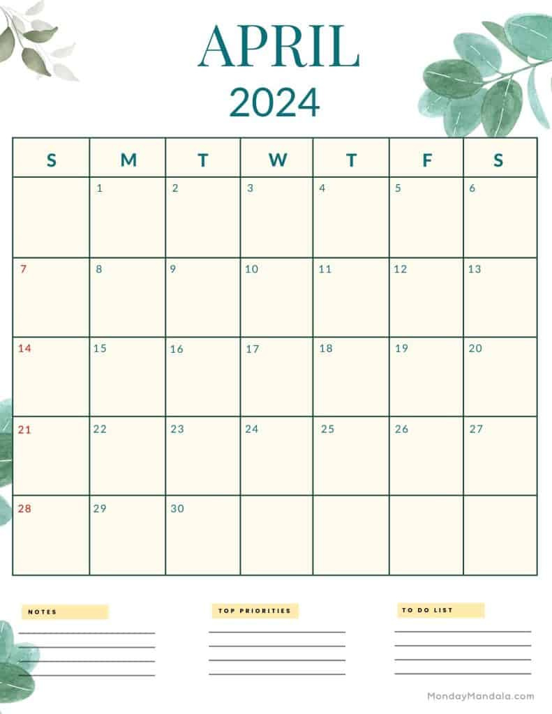 April 2024 Calendars (52 Free Pdf Printables) intended for Free Printable April 2024 Calendar Portrait Pdf